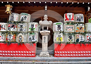 Sake barrels, religious offerings at Kushida Shrine, Fukuoka city, Japan.